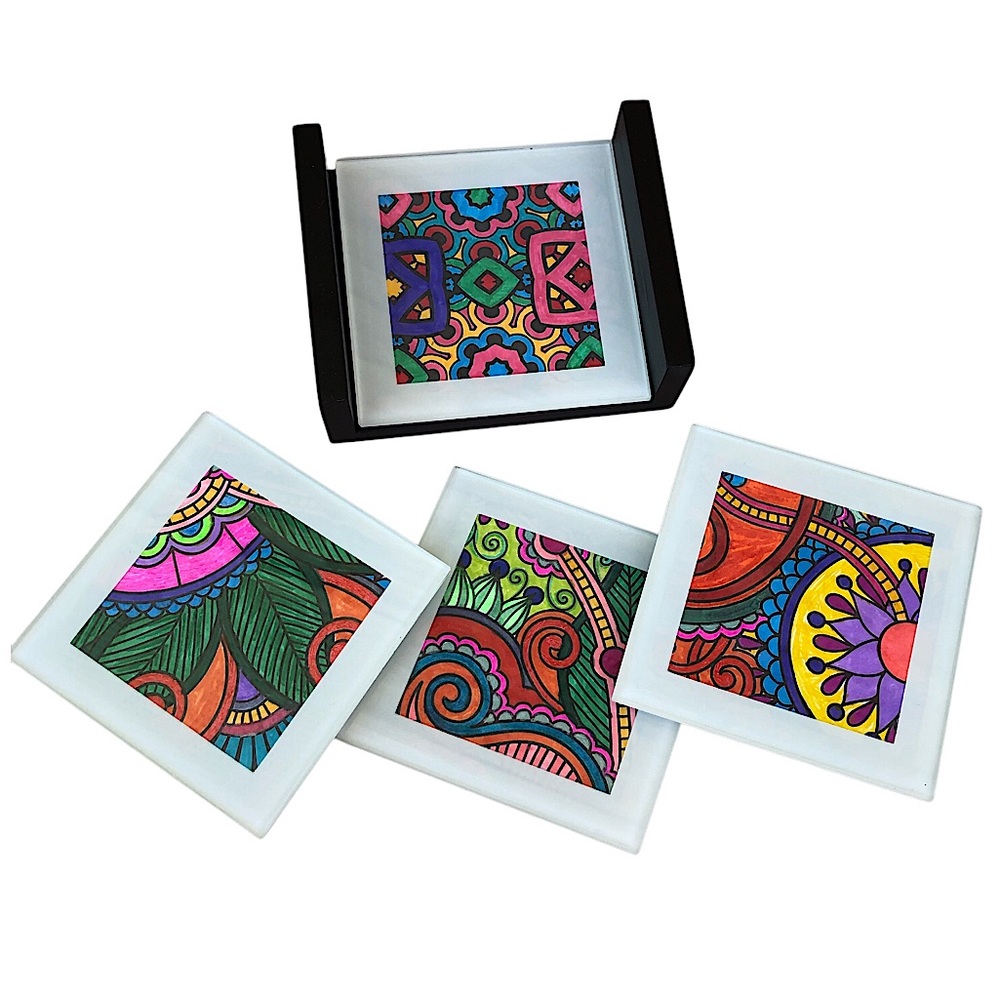 Green Tree Gallery 4 Glass Metal Coasters With Colorful Hand Painted Slip In